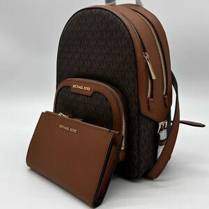 Michael Kors Medium Jaycee Zip Packet Backpack &Double Zip Wallet Wristlet Brown
